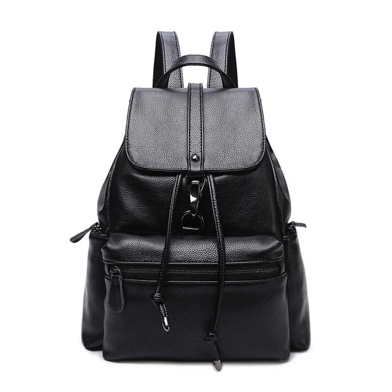 

Drawstring Flap Bayan Canta Korean Style Faux Leather Backpack Black Woman For School