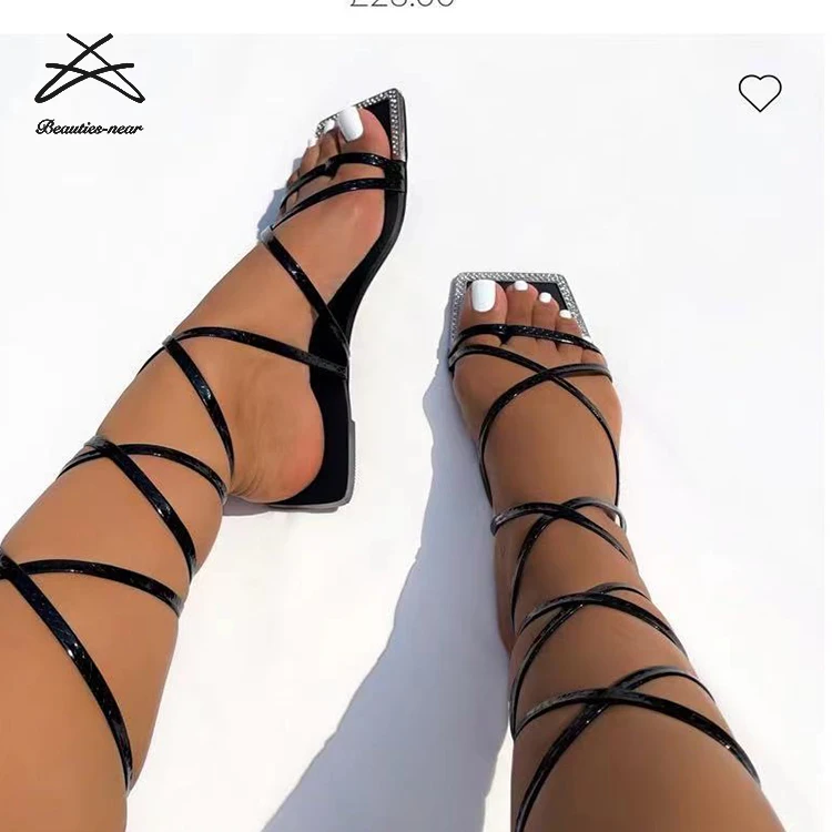 

High Quality Women Flat Sandals Sexy Summer Ladies Pu Lace-up Wrapped Rhinestone Sandal Shoes Sandals