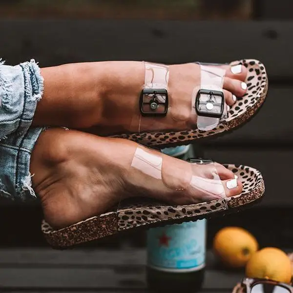 

Fashion Ins Transparent Slipper Leopard Slides Slippers for Women Cork Sandals Summer Outdoor Beach Flat Slipper Sandal Ladies