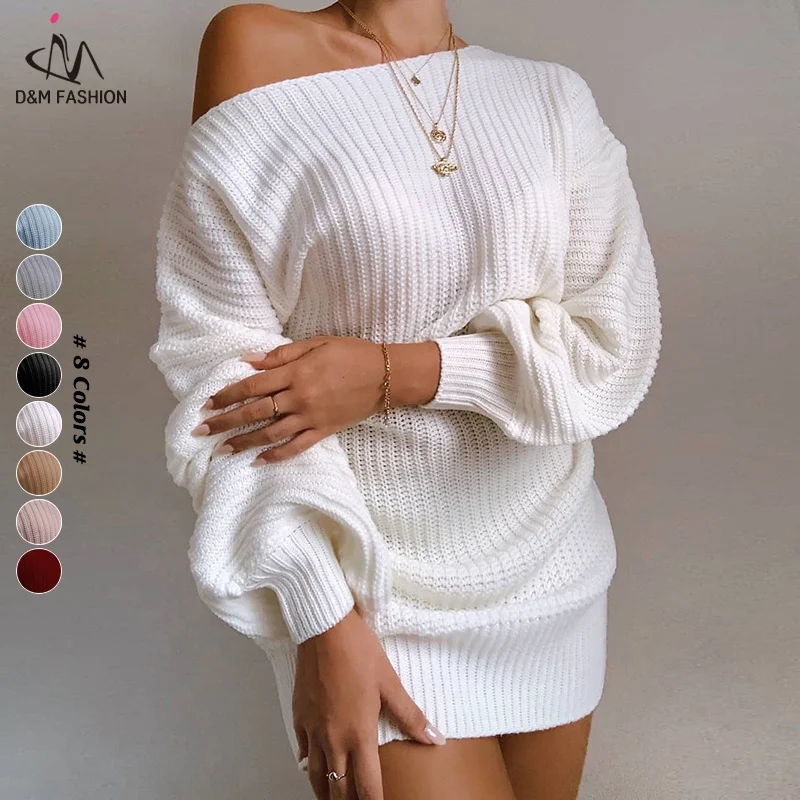 

D&M 2022 Autumn Winter Casual Loose Jersey Knitted Mini Sweaters Dress Lady Balloon Long Sleeve Knitwear Women's Dresses