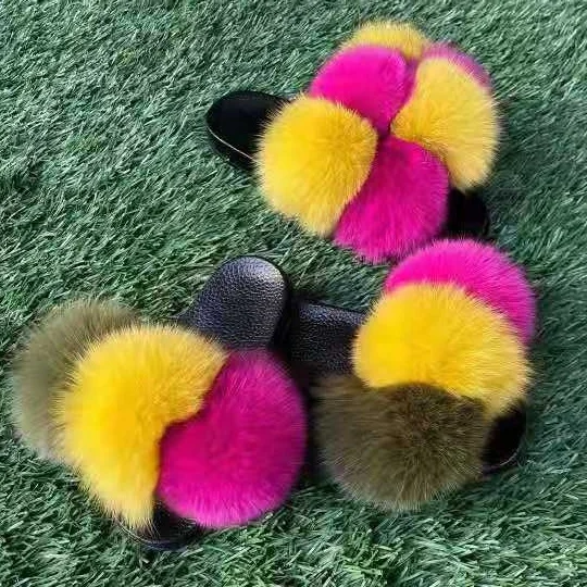 

Drop shipping mommy and me Fashion new colorful 100% real fox fur balls pom pom lady girls women slippers, Customized color