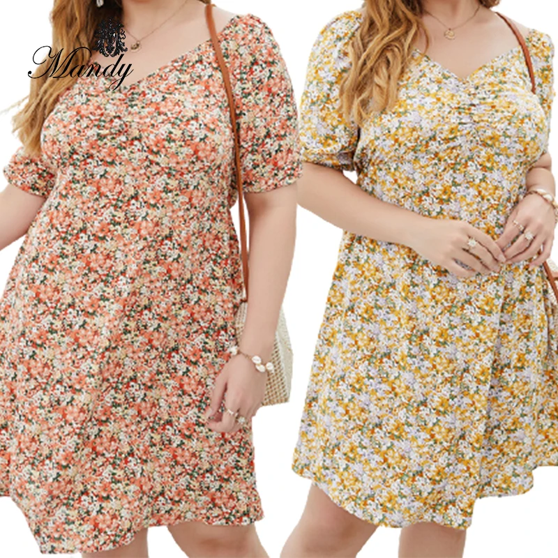 

2021 New arrival plus size V-neck floral dress pleated woman