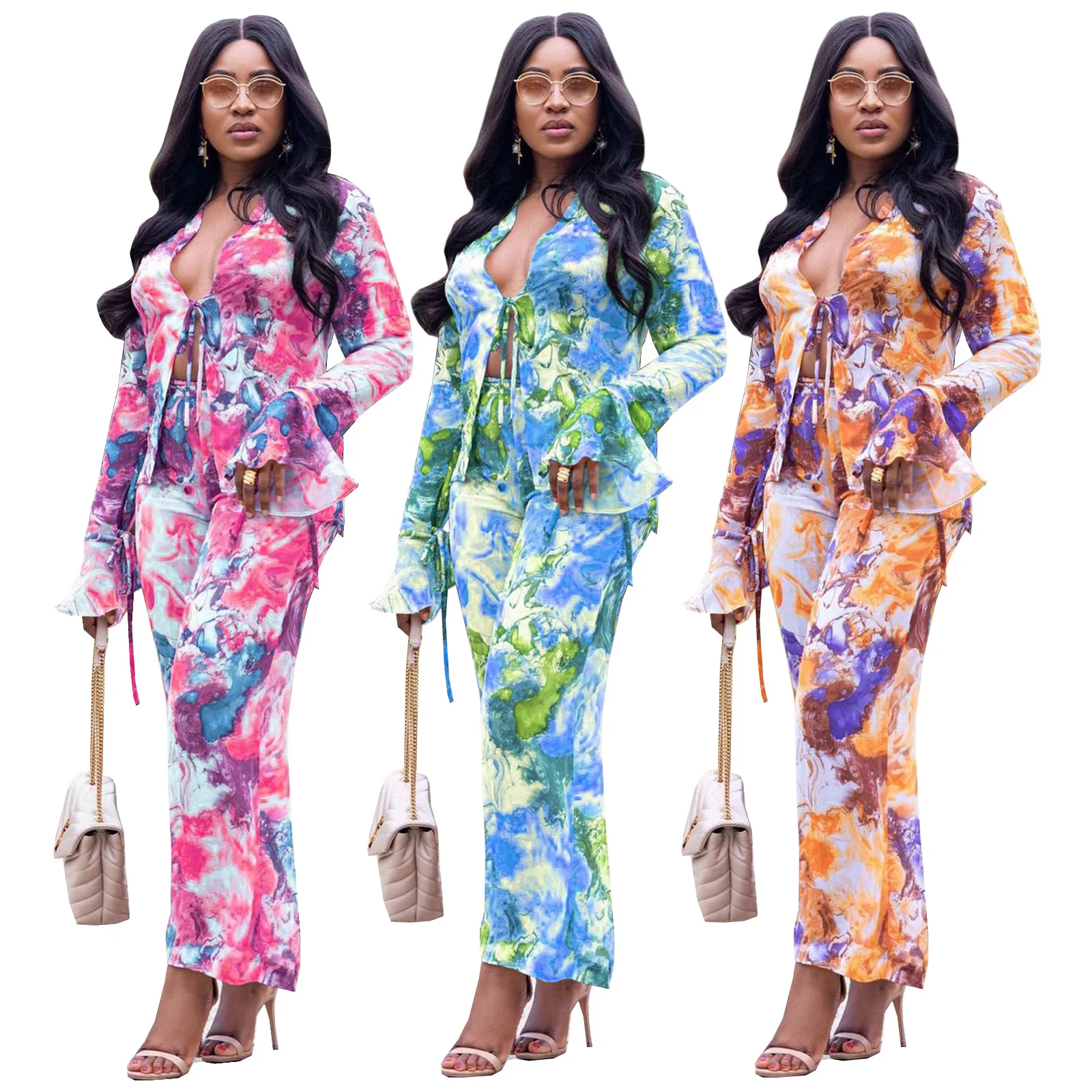 

SZ-8183 Women'S Fashion Flare Sleeve Sexy Loose Casual Printed Suits