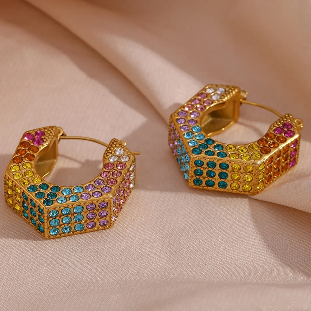

Colorful Rhinestone Statement Y2k Jewelry PVD Gold Plated Hoop Earring Stainless Steel Jewelry boucles d'oreilles