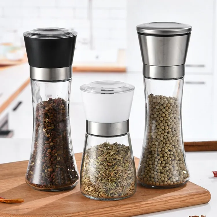 

Wholesale spice jars herb mills salt and pepper grinder with glass bottle manual ceramic grinder powder mill, Customized