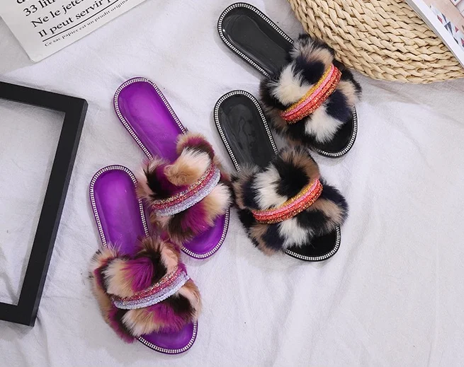 

Wholesale Custom Logo Fluffy Real Fur Slides 2021, Customized color