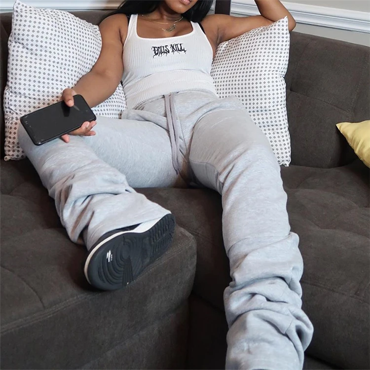 

Autumn Winter Solid Color Elastic High Waist Casual thick Sweatpants Stacked Pants Women Trousers