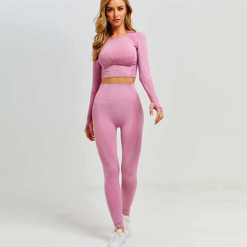 

2 Piece Gym Set Women Seamless Long Sleeve Crop Top And Leggings Yoga Gym Wear Set
