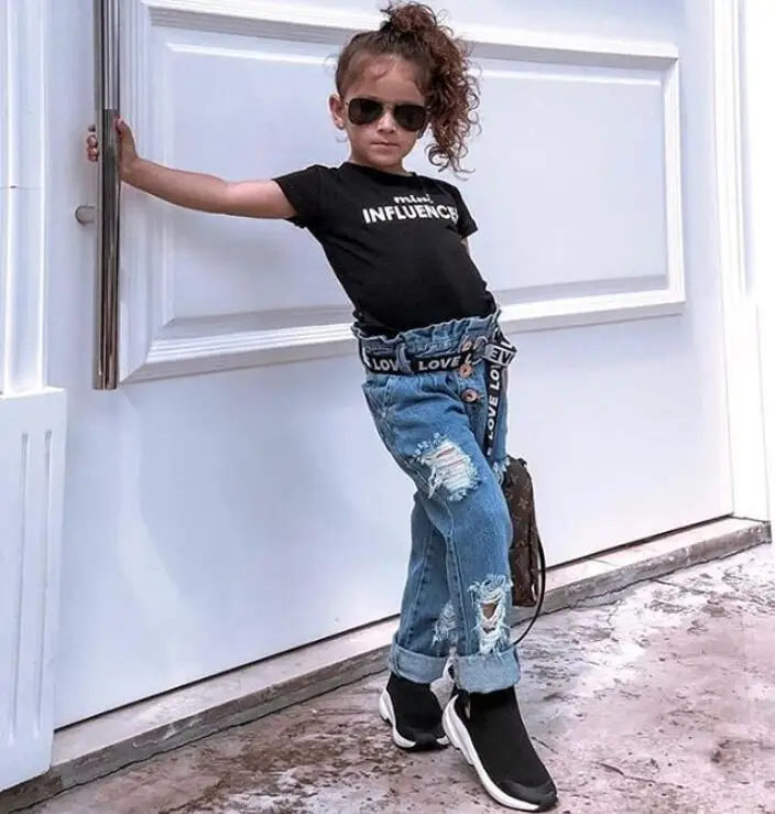 

hot sale letter belt baby jean pants clothes sets high quality USA boutique shop kids clothing girl jeans suit