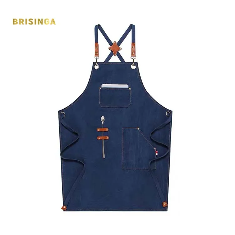 

Adjustable Shop Apron Chef print apron with Cross-back Leather Straps, Grey/blue