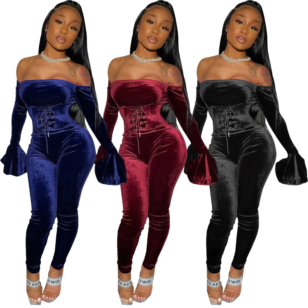 

MD-20111608 Fitted Bodysuit Off Shoulder Velour Jumpsuit with Corset Women 2 Piece Set