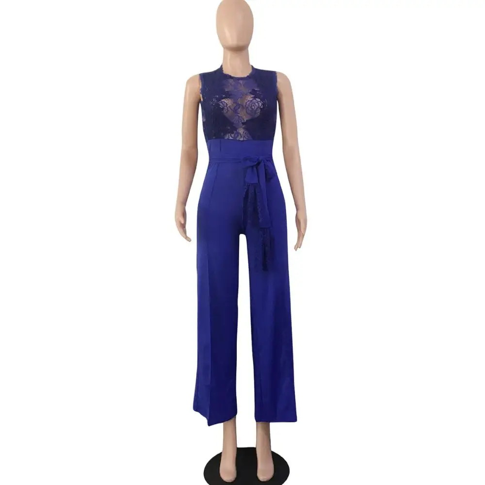 

2020 new arrivals summer design women round collar simple full length lace casual jumpsuit for lady