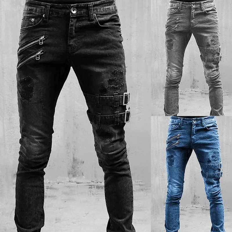 

2022 Summer Designer Jeans Men Ripped Distressed Denim Pants Cowboy Streetwear Casual Punk Straight Goth Buckles Trousers, Black and blue