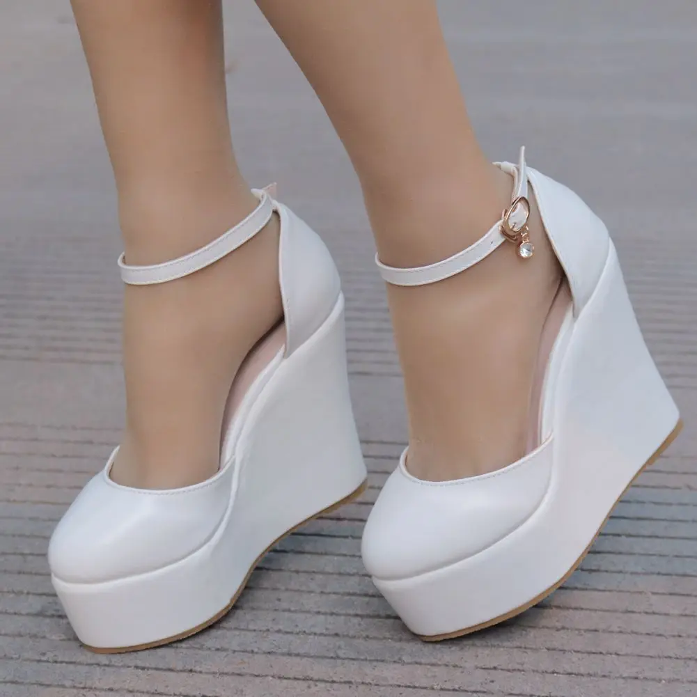 

Fashion Ankle strap Round Toe Platform Wedge Pumps Shoes White Bridal Wedding Shoes