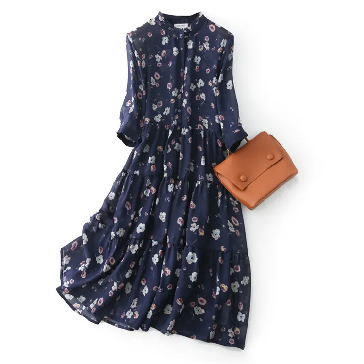 

Hot Selling Spring Ladies Mid Length Mulberry Dress Half Sleeve Floral Printed Women's 100% Silk Dresses