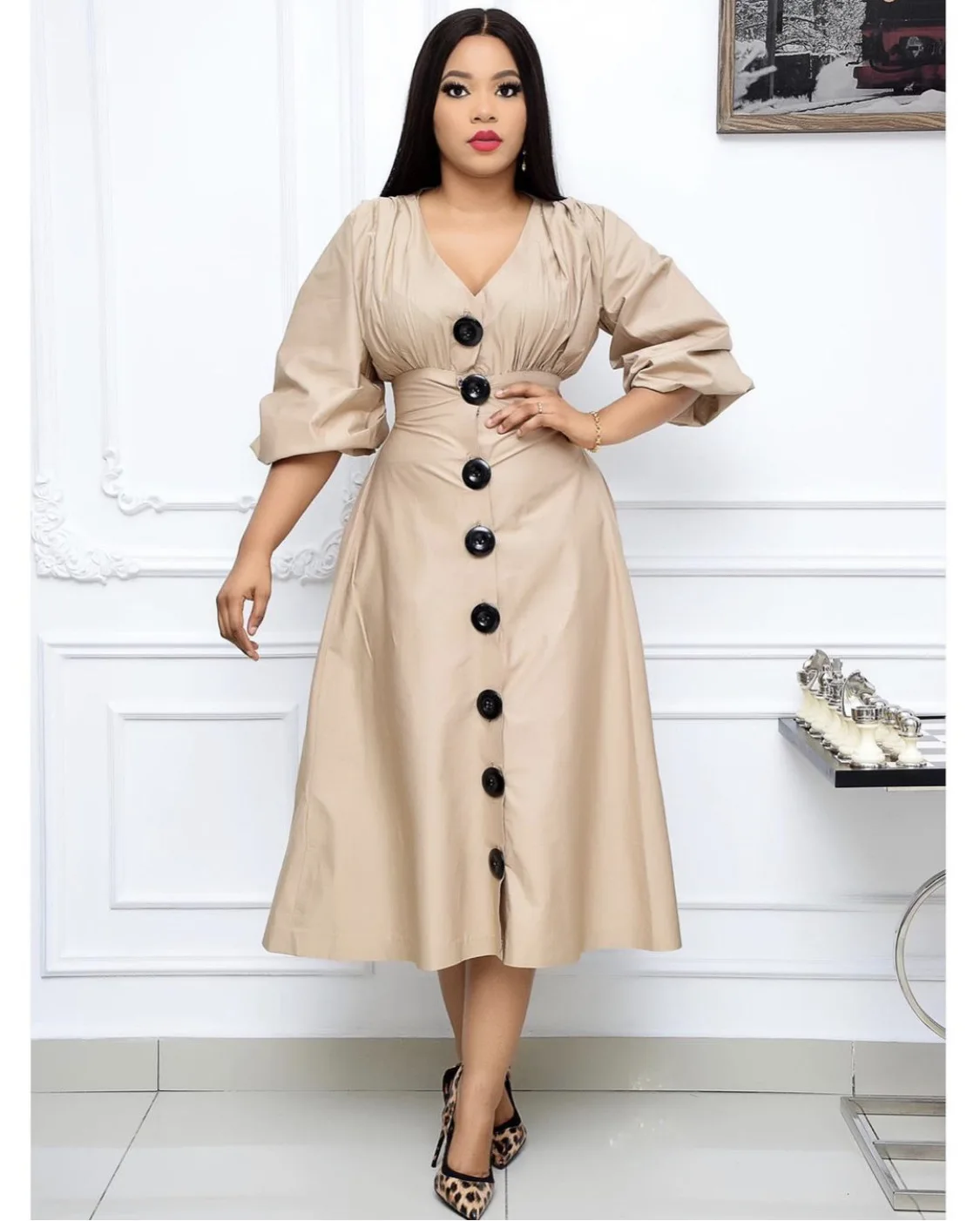 

Pretty Steps Women Evening Party Dress High Quality V Neck Long Sleeve Elegant Casual Office Dress, As showed