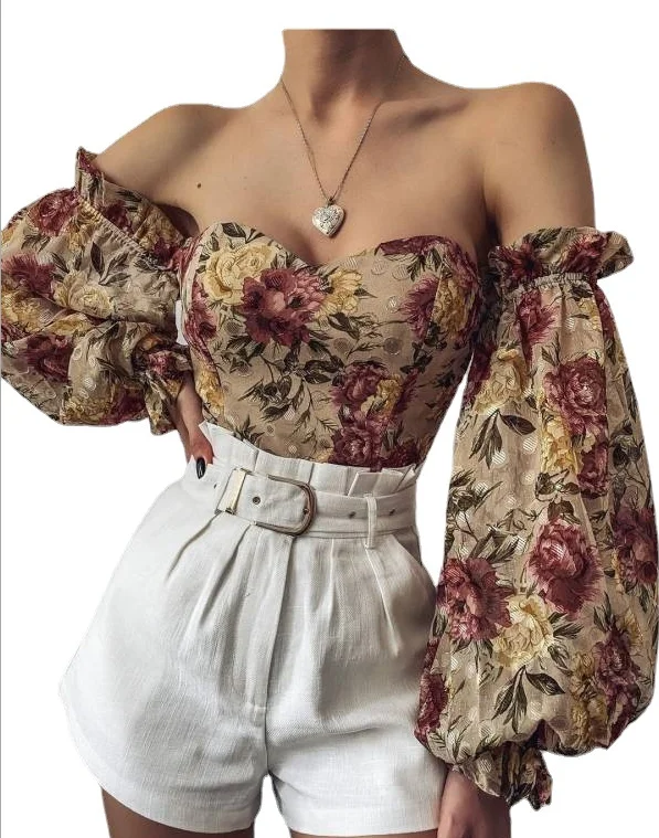 

E-2130 2021 Bandage Hollow Out Off Shoulder Summer Tops Women Sexy Bodycon Puff Sleeve Crop Top T Shirt, As pictures