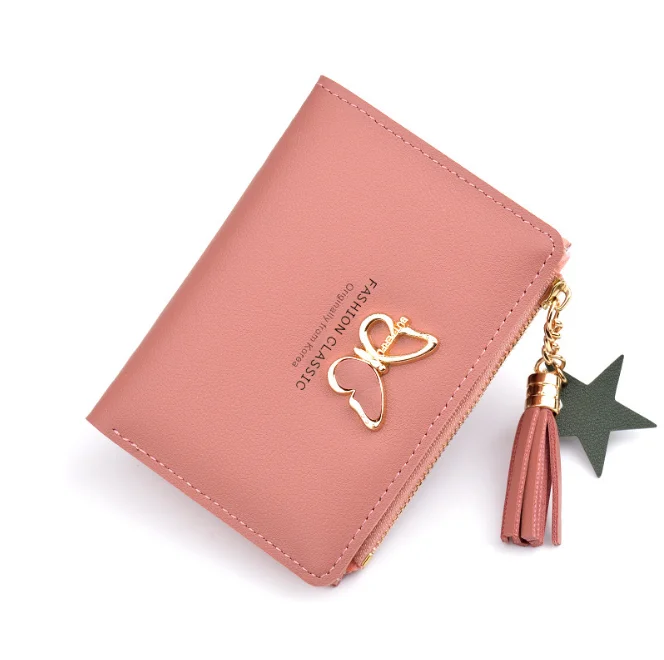 

women's small wallet short tassel side zipper change two folding fashion simple purse metal card holder wallet