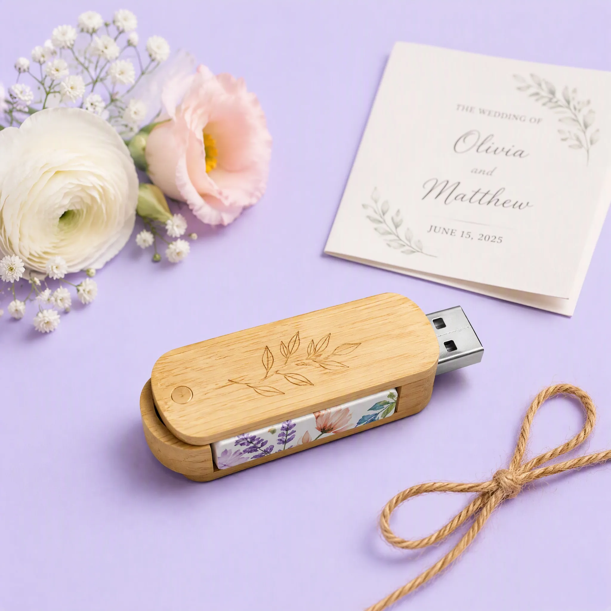 Romantic Wedding Setup with White Ranunculus Flowers, Wedding Invitation Card, Jute Twine, and Wooden USB Drive