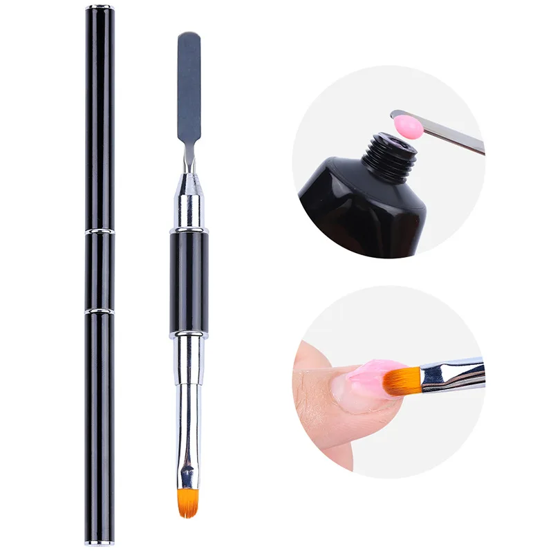 

Black Metal Handle Nail Pen Double Heads Hair Gel Painting Nail Art Brush With Nail Spatula Pusher
