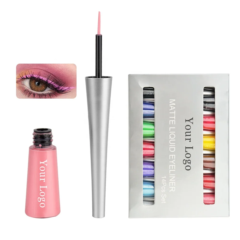 

OEM wholesale cheap waterproof black white matte eyeliner liquid with logo, 14 colors for a set