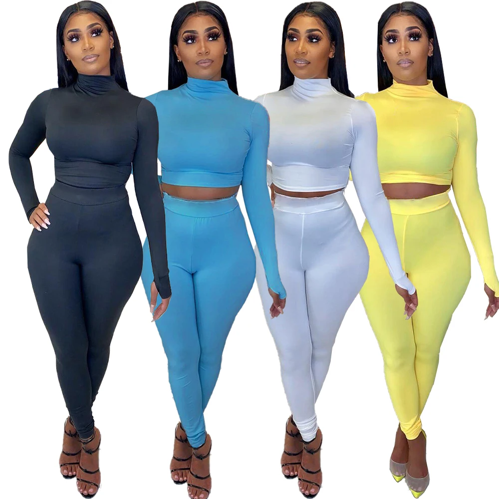 

2021 autumn women solid yellow color high neck long sleeves stretch t shirt blouse two 2 piece leggings long pants set outfits