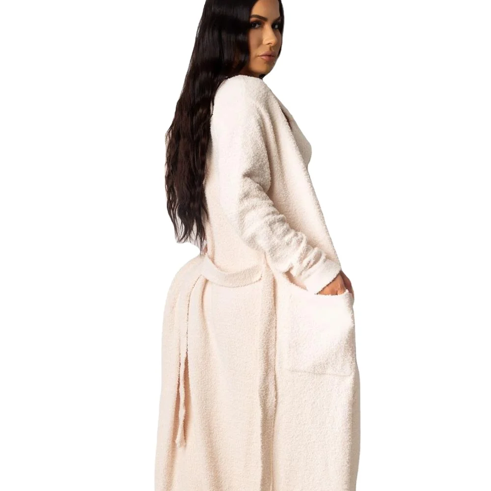 

Long Sleeves Solid Color Fleeces Cost Sash Bathrobe Home Wear Coat Women