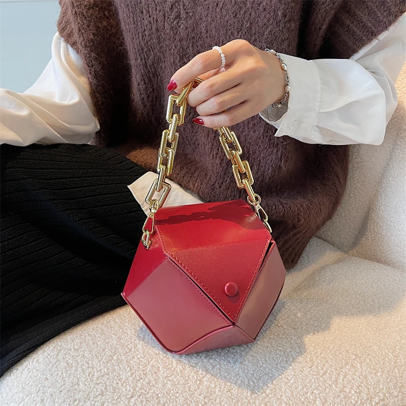 

JOYIE Novelty Purses Geometric Designer Hand Bags Ladies Shoulder Sling Bag Solid Color Metal Chain Handle Women Handbags