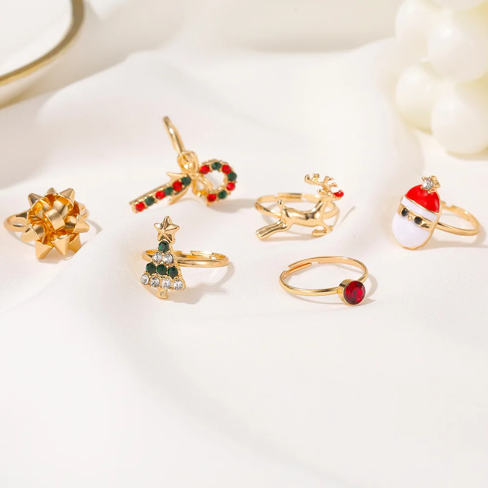 

Christmas jewelry accessories cute Cartoons Elk Christmas Tree style Ring 6 piece set Drip opening Adjustable ring For women