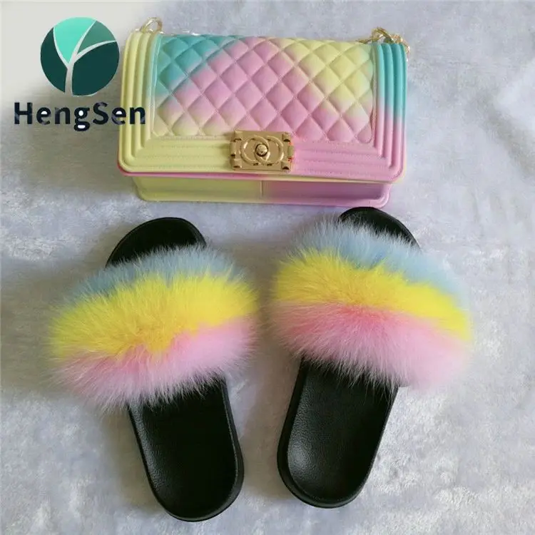 

shoulder crossbody designer matching purse handbags Rainbow color bags raccoon real fox fur slides and handbag for women