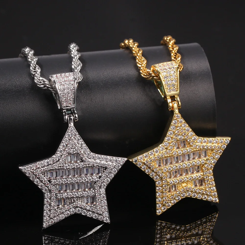 

Copper brass 14k gold white gold thick plating AAA cubic zircon micro setting star five star pendant necklace iced out