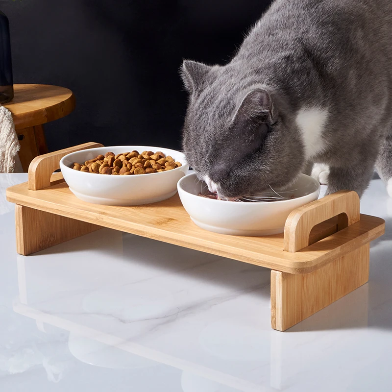 

Bamboo stand dog bowl cervical spine raised pet bowl separate three cat bowls