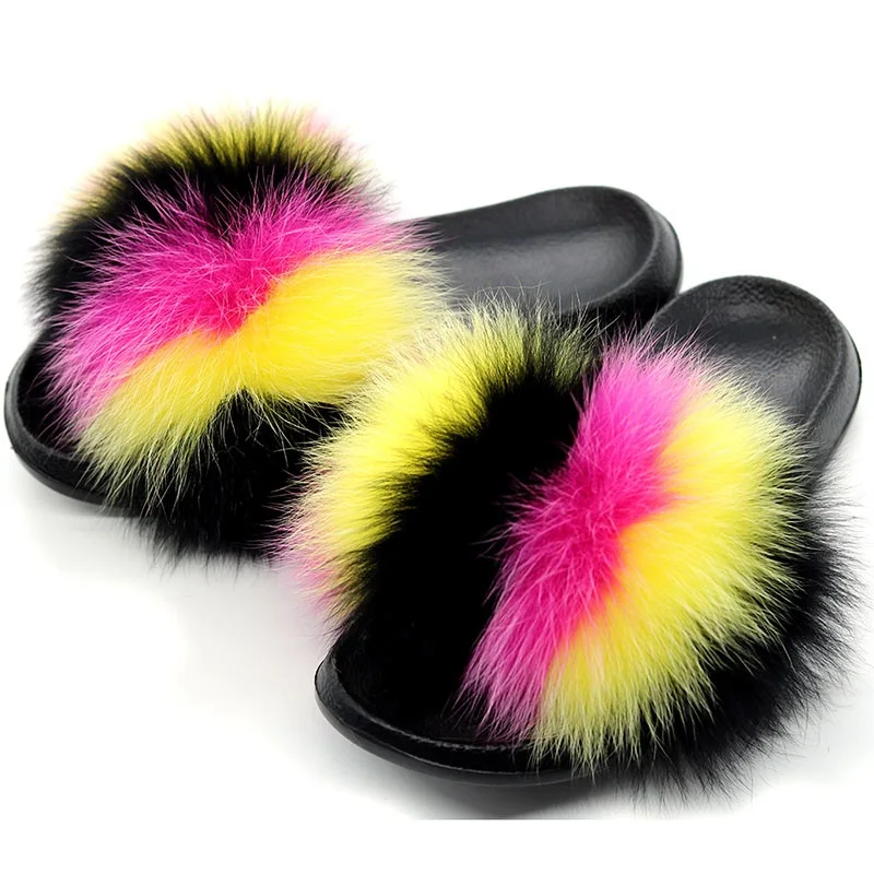 

Women Colorful Furry Real Raccoon Fur Slides for Indoor and Night Party Use