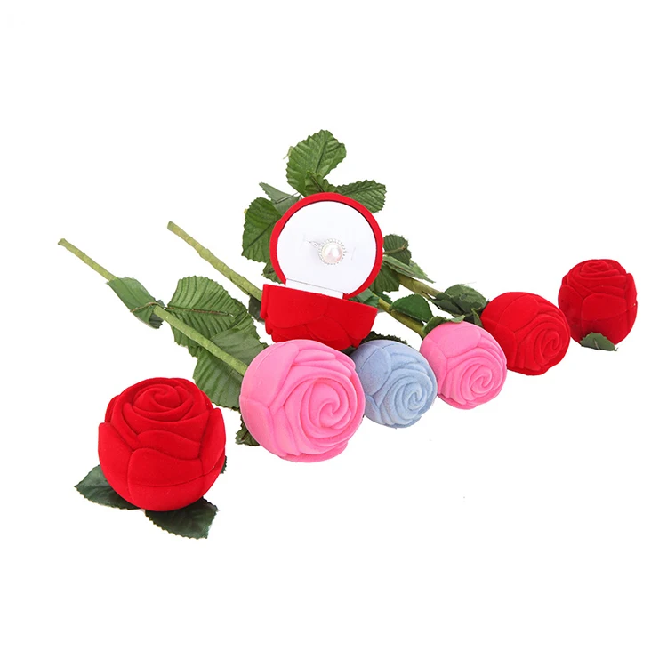 

Custom Logo Printing Rose Shape Different Colors Optional Ring Packaging Boxes with Branch, Pink/red/white