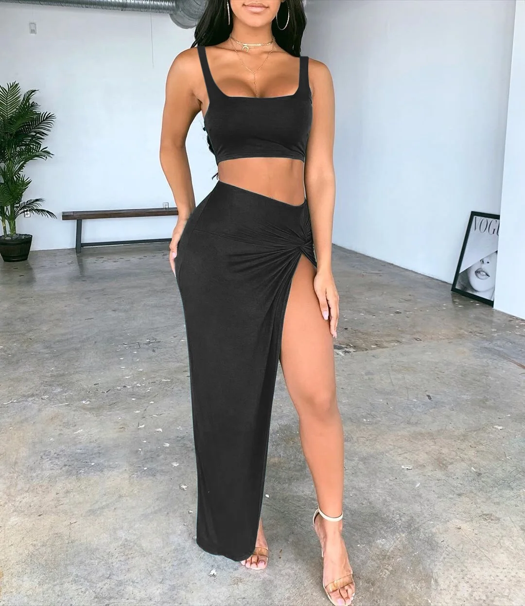 

Cross-border Wholesale Sling Tube Top Mid-length Solid Color High Split Two-piece Women's Suit Women's Long Skirts, Different colors and support to customized
