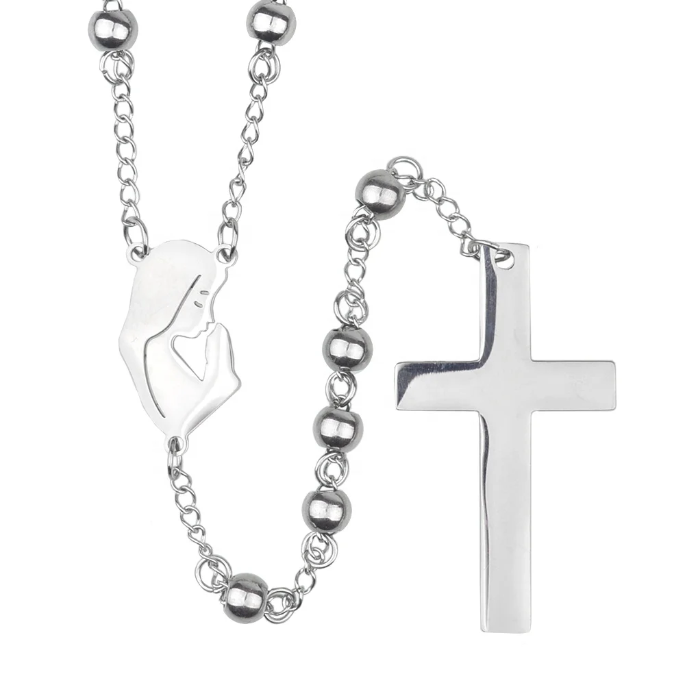 

Silver Rosary 6mm Stainless Steel Beads Prayer Jewelry Religious Catholic Cross Necklace