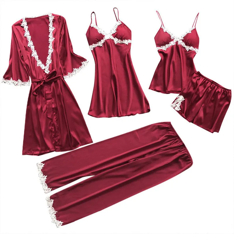 

Spring Summer Lace 5 Pcs Sets Silk Satin Pajamas For Woman, Red,wine red,pink,grey,black