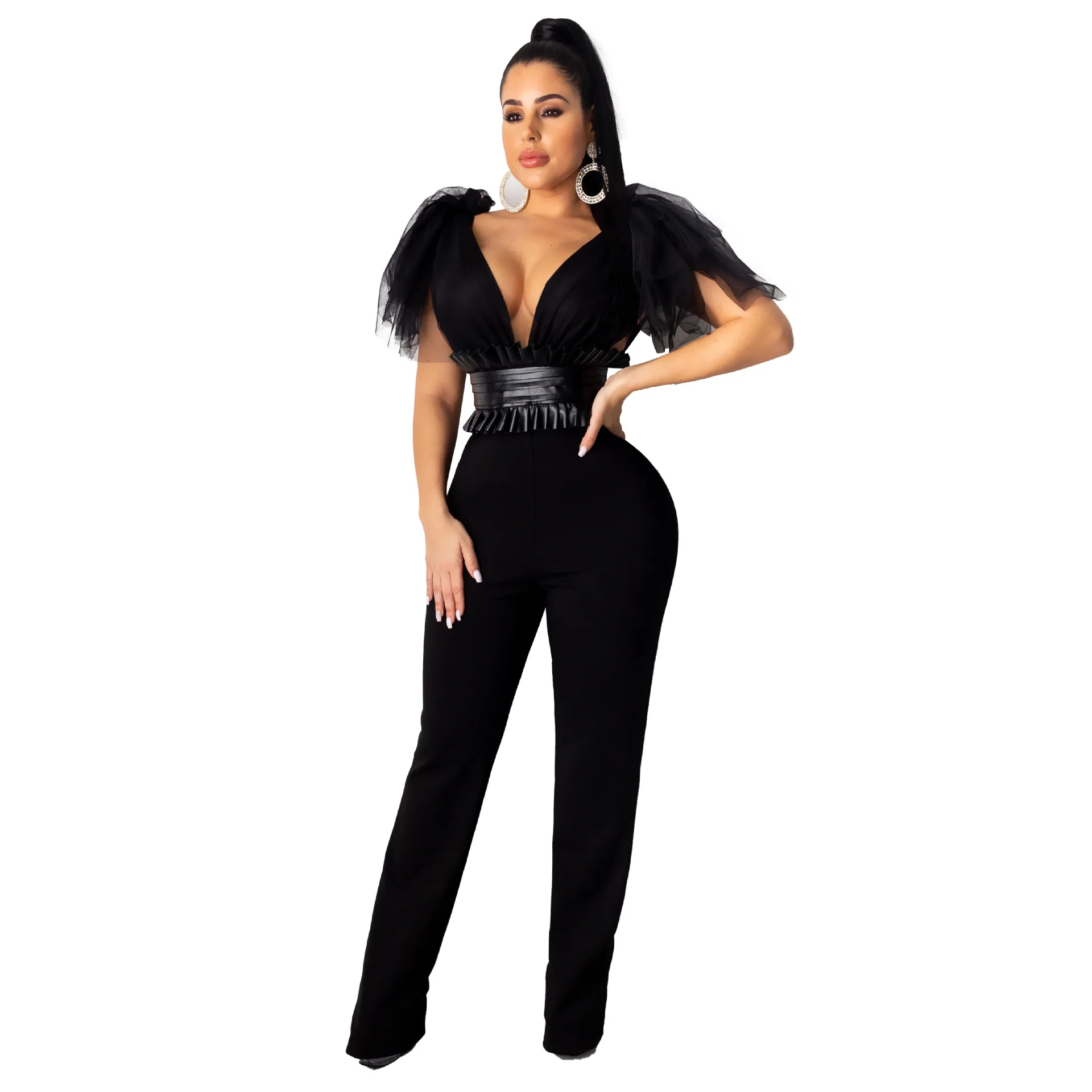 

European and American sexy black jumpsuits see-through mesh bow tie PU leather girdle cut out jumpsuit