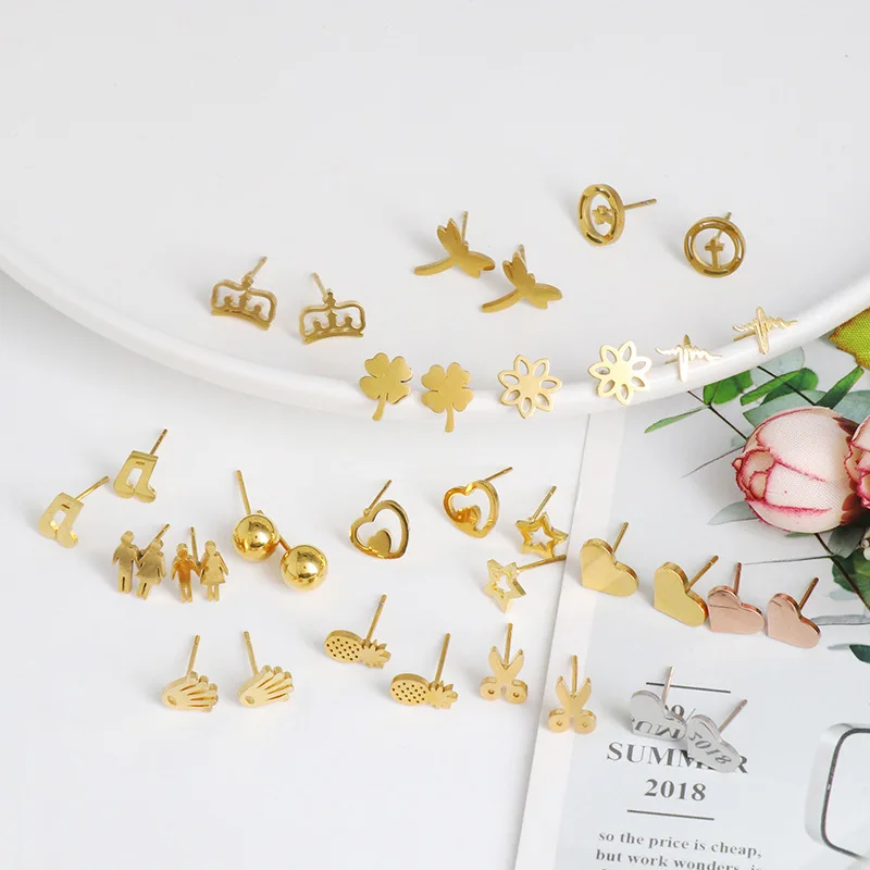 

CLARMER Wholesale fancy cheap jewelry mii minimalist heart tree flower star crown shape stainless steel stud earrings for women, As show