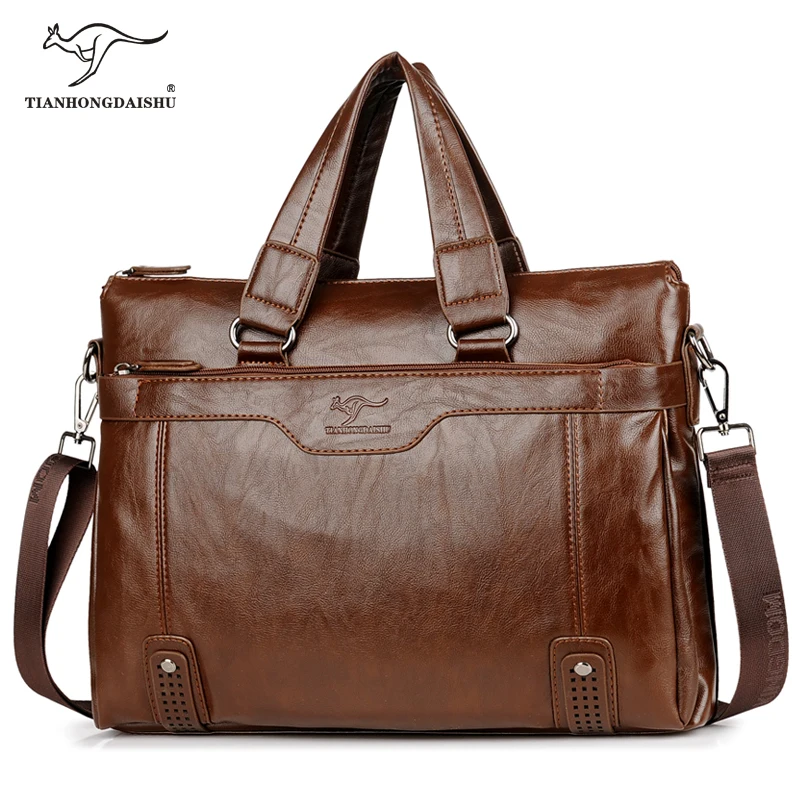 

Men's office bag Leather briefcase Casual computer Notebook handbag Business shoulder bag, Black brown khaki