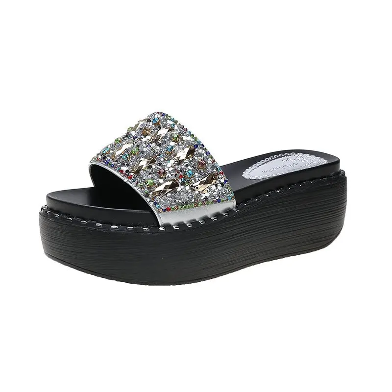 

2021 New Style Ladies Sequins Platform Wedge Slippers Women Rubber Outdoor Slides Slippers, Picture