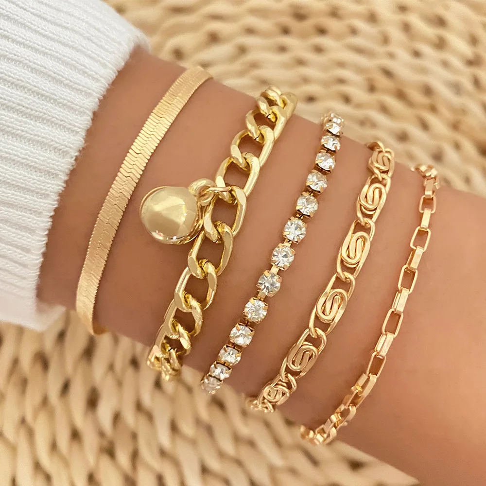 

Luxury Gold Plated Charm Diamond Tennis Bracelet Bulk Women Snake Cuban Chain Bracelets Sets