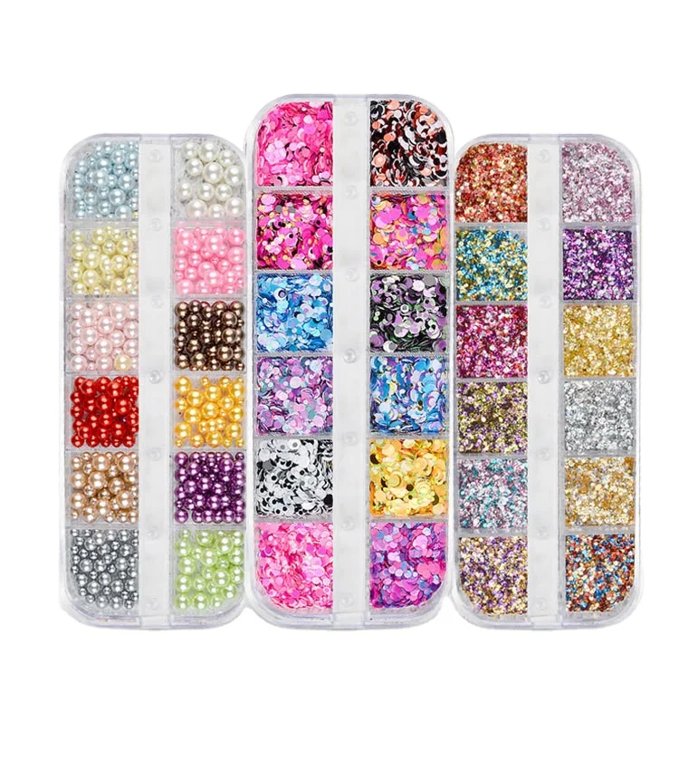 

12 grid boxed pearl shell jewelry Symphony sequins DIY nail accessories glitter accessories nail stickers, Multicolor