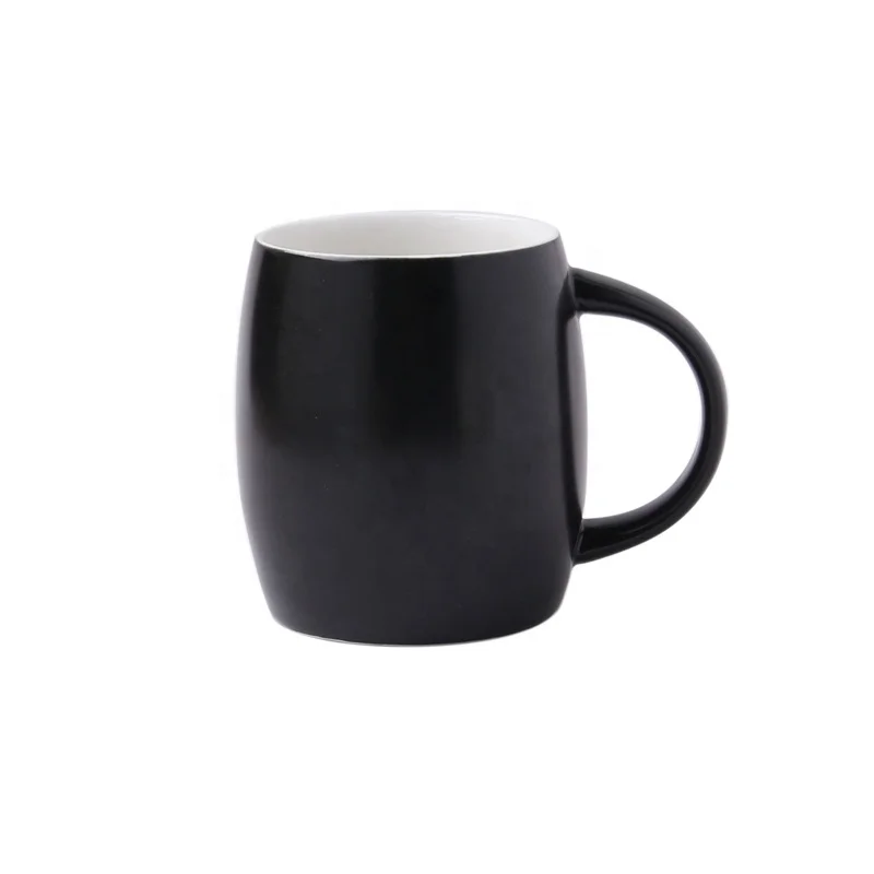 

Customer logo barrel shape creative design glossy black matte black ceramic tea espresso coffee milk mug cup