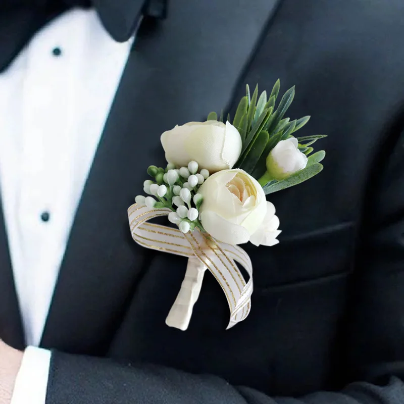 

Silk white flower prom corsage Groom Corsage prom Men Wedding Brooch Boutonniere