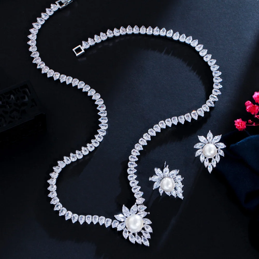 Elegant Shiny White Marquise Cut Flower Big Pearl Cubic Zirconia Bridal Wedding Necklace Costume Jewelry Sets for Party