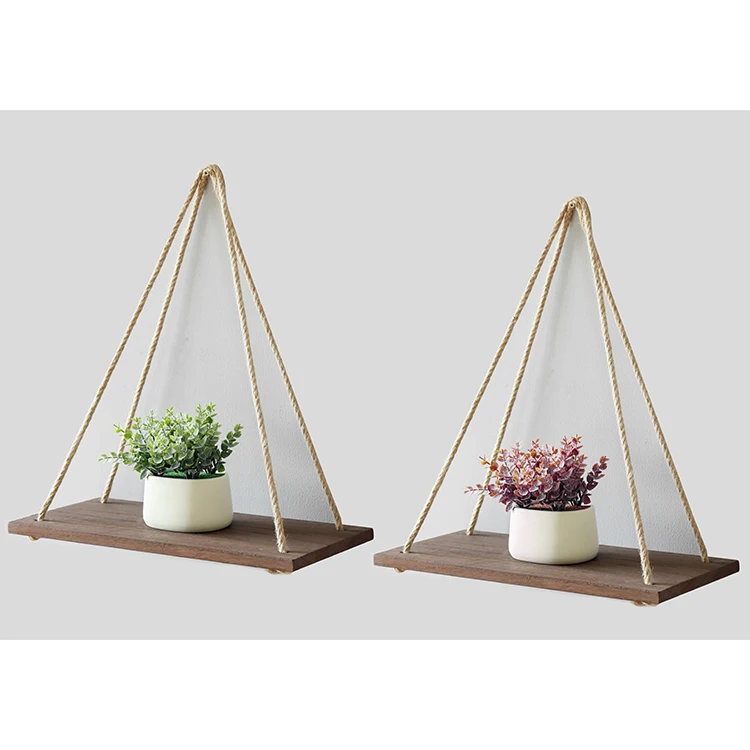

Rustic Wooden handing wall shelf with string, Natural