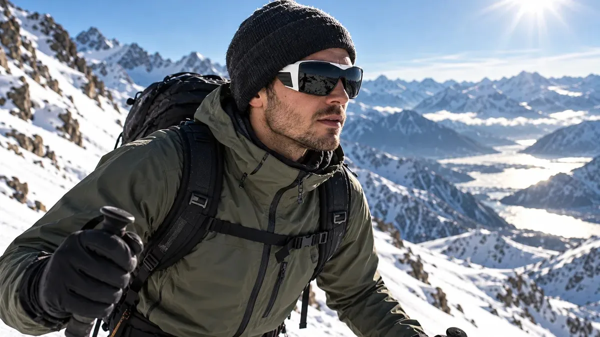 Mountaineer skinning uphill in bright alpine snow wearing Category 4 glacier glasses with protective side shields