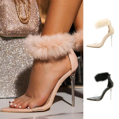 

Dropshipping shoes pointed toe rabbit fur heels summer sexy clear heels for women thin heeled sandals