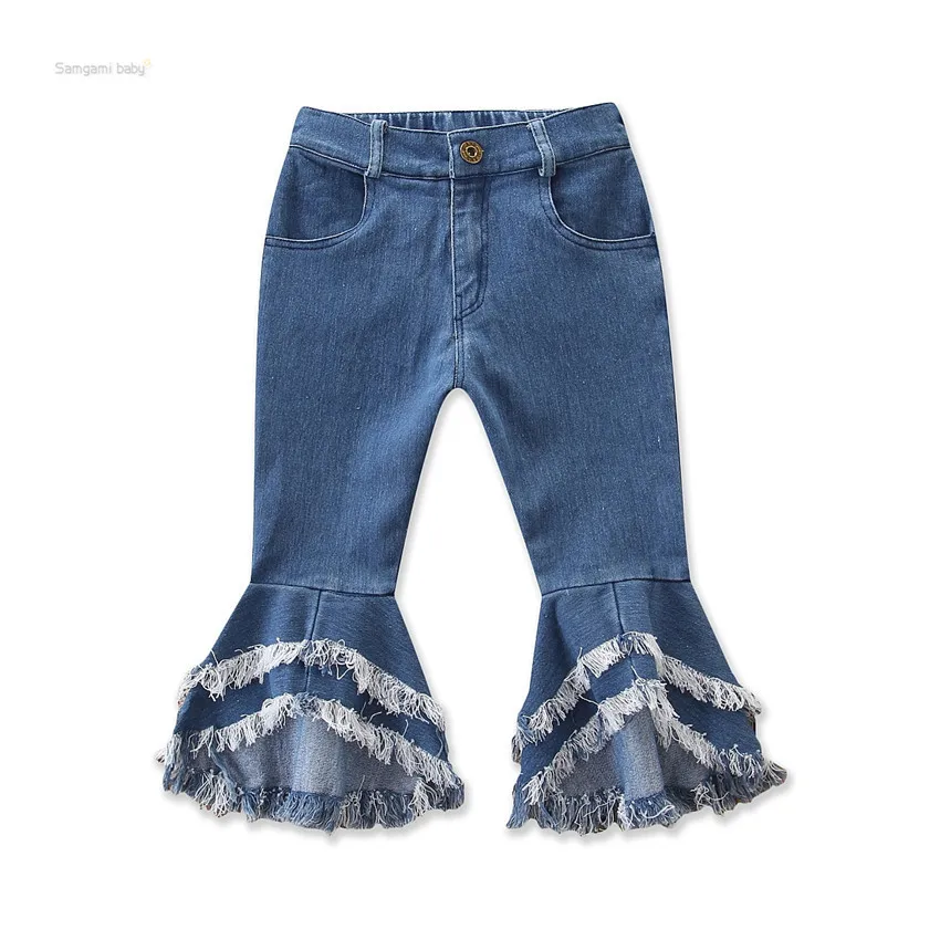 KZ-1688-004  In Stock RTS Ripped latest design Jeans trousers Bohemian ruffle pants for toddler girl